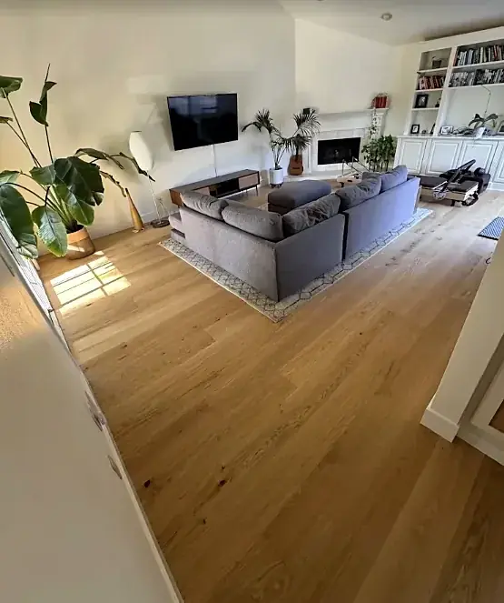 A furnished living room with a light natural wide plank floor, a gray sectional and a fireplace